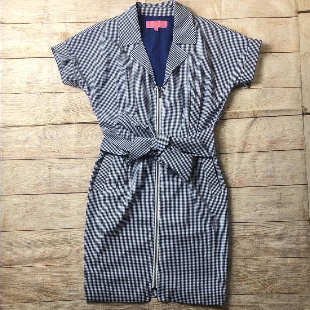 LDT Courtney‎ Zip Front Gingham Check Shirt Dress Navy White Tie